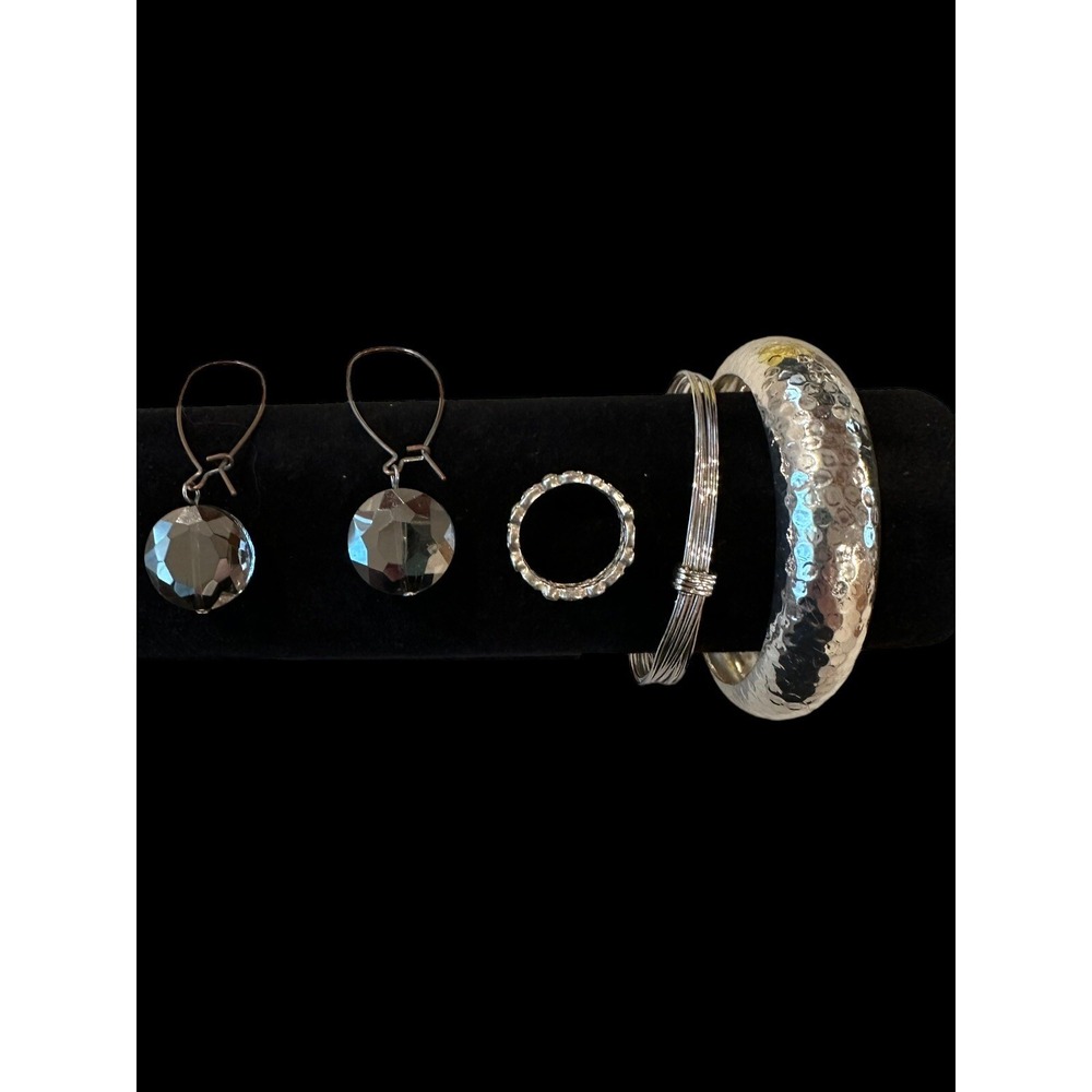 Women's Silver Colored Bracelets, Ring And Earrings Set Lot Unique Elegant
